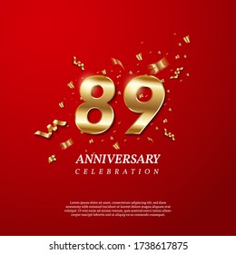 89th Anniversary celebration. Golden number 89 with sparkling confetti, stars, glitters and streamer ribbons on red background. Vector festive illustration. Birthday or wedding party event decoration