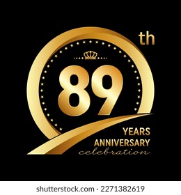 89th Anniversary Celebration Logo design with golden ring and crown for anniversary celebration event, invitation, wedding, greeting card, banner, poster, flyer, brochure. Logo Vector Template