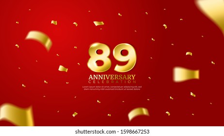 89th anniversary celebration vector red background. Golden numbers with shadow and sparkling confetti modern and elegant design for wedding party event decoration.