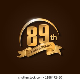89th Anniversary design logotype. Anniversary logo design with swoosh and elegance golden ribbon. Vector template for use celebration, invitation card, and greeting card