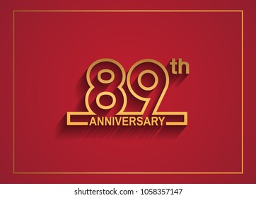 89th anniversary design with simple line style golden color isolated on red background for celebration event