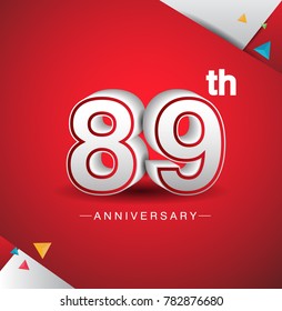 89th anniversary design with white number  on red background and confetti for celebration