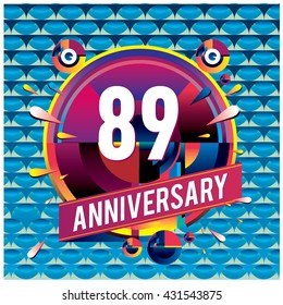 89th anniversary logo with colorful circle badge. Anniversary signs illustration. Vibrant colors anniversary logo with geometric shape and circle ring
