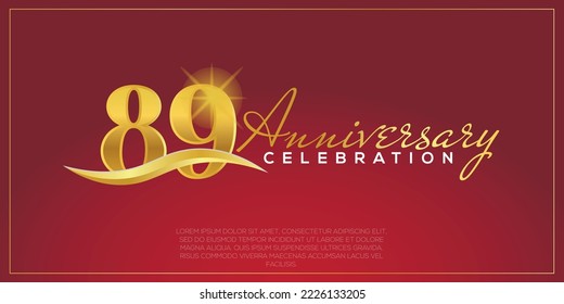  89th anniversary logo with confetti golden colored text isolated on red background, vector design for greeting card and invitation card