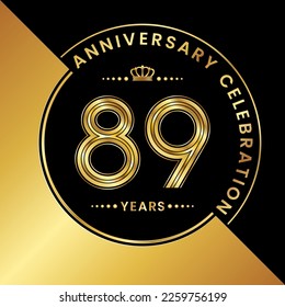 89th Anniversary. logo design with golden numbers and text for birthday celebration event, invitation, wedding, greeting card, banner, poster, flyer, brochure. Logo Vector Template