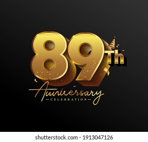 89th Anniversary Logotype with Gold Confetti Isolated on Black Background, Vector Design for Greeting Card and Invitation Card