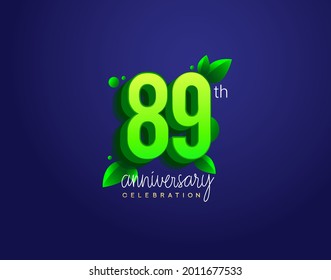 89th anniversary logotype with leaf and green colored, isolated on blue background.
