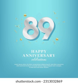 plantilla vectorial de 89 años con un número dorado y confetti esparcidos en un fondo degradado