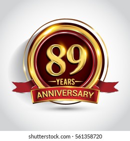 89th golden anniversary logo, eighty nine years birthday celebration with ring and red ribbon isolated on white background