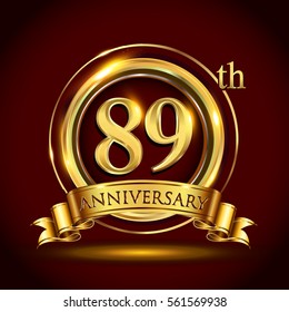 89th golden anniversary logo, eighty nine years birthday celebration with gold ring and golden ribbon.