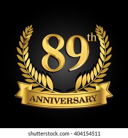 89th golden anniversary logo with ring and ribbon, laurel wreath vector design isolated on black background