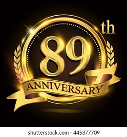 89th golden anniversary logo with ring and ribbon, laurel wreath vector design.