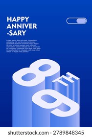 89th Modern anniversary poster template featuring a bold 3d isometric number on a vibrant blue background.