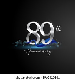 89th silver anniversary logo with blue ribbon isolated on elegant background, sparkle, vector design for greeting card and invitation card.