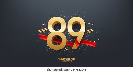 89th Year anniversary celebration background. 3D Golden number wrapped with red ribbon and confetti on black background.