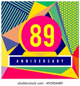 89th years greeting card anniversary with colorful number and frame. logo and icon with Memphis style cover and design template. Pop art style design poster and publication.