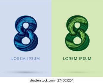 8,Abstract Number , font, concept Spin water, wind and natural, designed using blue and green grunge brush,sign 