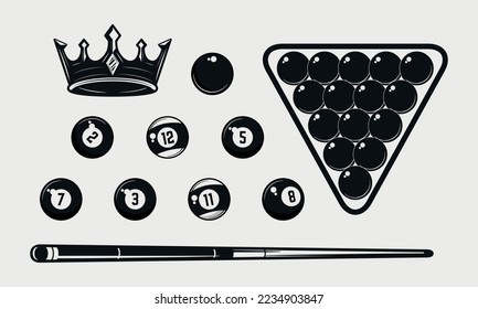 8-Ball, Billiard elements set. Vintage Billiard balls and cue. Crown icon. Vector Illustration