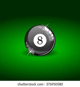8-ball symbol. Green billiard table for a pool with smooth 8 ball with reflection . Black shiny eight ball with shadow, vector art image illustration, realistic design, isolated on background, eps10