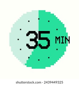 8-bit 35-minute Timer composed of square pixels. Retro-inspired clock of green color, with thirty five minutes label on watch face, perfect for game interfaces and digital design
