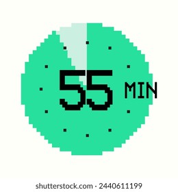 8-bit 55-minute Timer composed of square pixels. Retro-inspired clock of green color, with fifty five minutes label on watch face, perfect for game interfaces and digital design