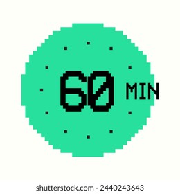 8-bit 60-minute, one hour Timer composed of square pixels. Retro-inspired clock of green color, with sixty minutes label on watch face, perfect for game interfaces and digital design
