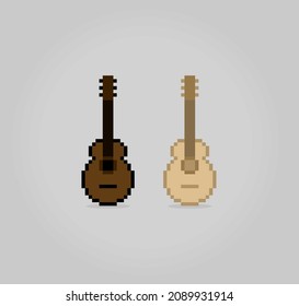 8-bit acoustic guitar pixel. Instrument object for game assets and Cross Stitch patterns in vector illustrations.