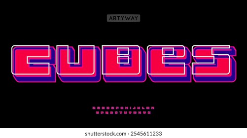 Alfabeto arcade de 8 bits, tipografía de neón retro, letras cuadradas en negrita con sombra en capas 3D. Fuente modular Y2K para titular geométrico vibrante, logotipo del juego. tipografía de Vector