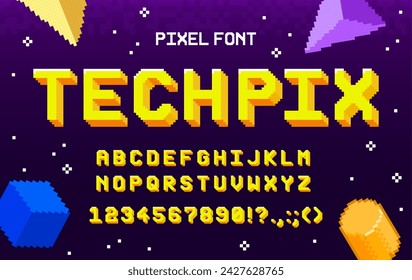 Fuente del juego de arcade de 8 bits, tipo geométrico y tipo de letra retro tech, alfabeto inglés vectorial. 8 bit pixel art fuente letras y números de texto, ordenador video arcade juego tipografía o retro techno ABC