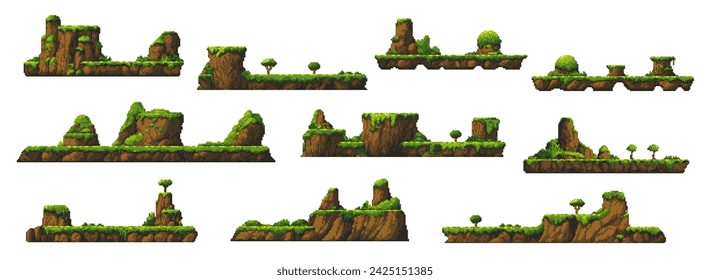 8bit arcade pixel art game, rain forest and mountain jungle platforms, cartoon vector. Arcade game elements of mountain rocks with jungle trees and rainforest valley for game level map interface