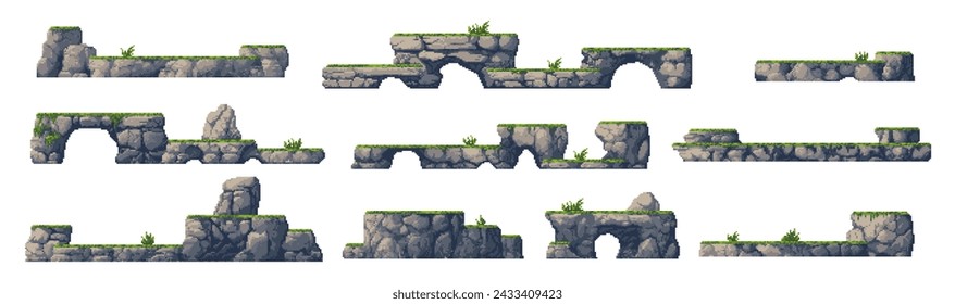 8bit arcade pixel art game platforms with rock stones and green grass. Isolated vector set of 2d elements, nostalgic videogame landscape, obstacles, classic gaming objects for retro-inspired adventure