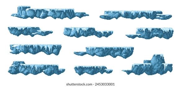 8bit arcade pixel art game ice and snow platforms. Mobile arcade environment cubic vector islands. Videogame level ground square pixel jumping platforms or computer 2d game mountain obstacles set