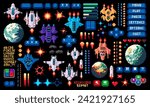 8bit arcade space pixel game asset, invaders and asteroids, planets and spaceship, alien and stars, fire and explosion vector set in pixelated retro style. Menu panel buttons, 2d videogame icons