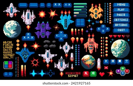 8bit arcade space pixel game asset, invaders and asteroids, planets and spaceship, alien and stars, fire and explosion vector set in pixelated retro style. Menu panel buttons, 2d videogame icons