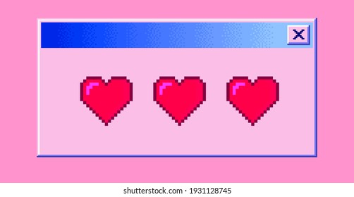 Mensaje de arte de 8 bits con corazones de píxeles. Interfaz de usuario retro de Vaporwave de moda como en sistemas operativos antiguos.