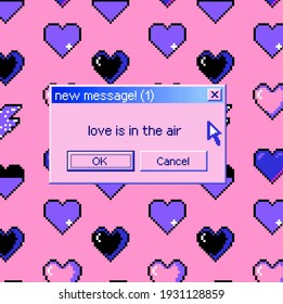 8-bit art message with pixel hearts. Vaporwave trendy retro user interface like in old operating systems.