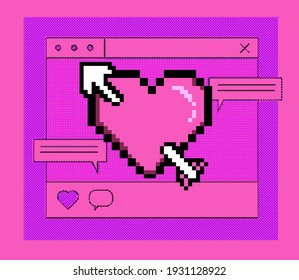 8-bit art message with pixel hearts. Vaporwave trendy retro user interface like in old operating systems.