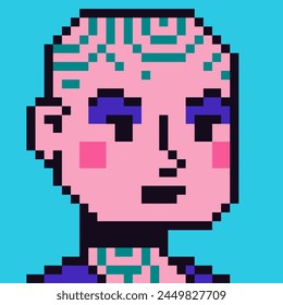 8-bit bald girl avatar pixel female character, cartoon vector icon, game user or web profile person, people, social net portrait, young woman face, minimalistic fashion, vector crypto art.