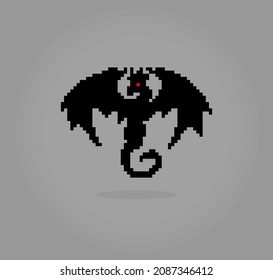 8-bit black dragon pixel image. Animals in vector illustrations.