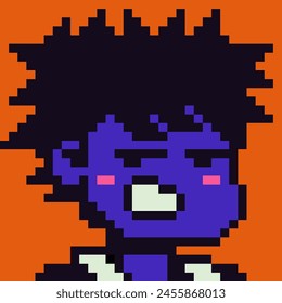 8-bit boy, pixel art angry man, male character 80-s, avatar, guy face, NFT, cartoon vector icon, game user, web profile persons, people, social net portrait. Non-fungible token.
