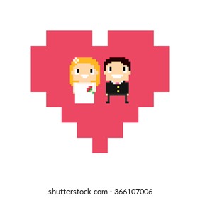 8-bit bride and groom in wedding dress smiling and posing. Pixel art characters in pixel heart in white background