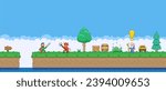 8bit colorful simple vector pixel art horizontal illustration of cartoon hero fights with the devil for passage to the old wizard quest in retro video game platformer level style