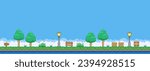 8bit colorful simple vector pixel art horizontal illustration of cartoon park with benches, trees, lanterns in retro video game platformer level style