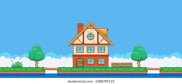 8bit colorful simple vector pixel art horizontal illustration of the cartoon house on the island between the bridges in retro video game platformer level style
