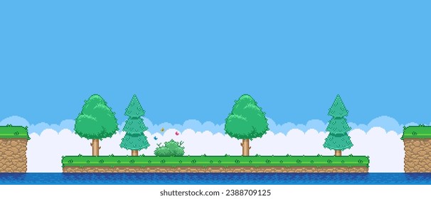8bit colorful simple vector pixel art horizontal illustration of cartoon island with bush, spruce and deciduous trees in retro video game platformer level style