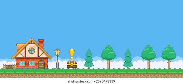 8bit colorful simple vector pixel art horizontal illustration of cartoon house and forest with quest treasure chest in retro video game platformer level style