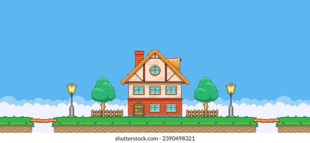 8bit colorful simple vector pixel art horizontal illustration of cartoon two story house between two street lamps on the island between the bridges in retro video game platformer level style