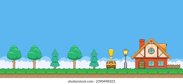 8bit colorful simple vector pixel art horizontal illustration of cartoon house and forest with quest treasure chest in retro video game platformer level style