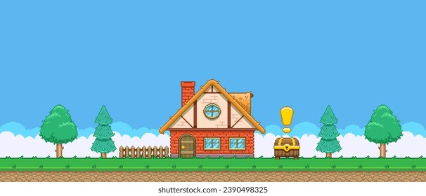 8bit colorful simple vector pixel art horizontal illustration of cartoon house with quest treasure chest in retro video game platformer level style 
