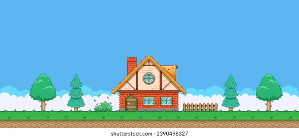 8bit colorful simple vector pixel art horizontal illustration of cartoon house between coniferous and deciduous trees in retro video game platformer level style